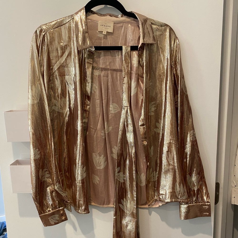 NWOT! Sézane Gold Lurex Blouse with Removable Neck Tie